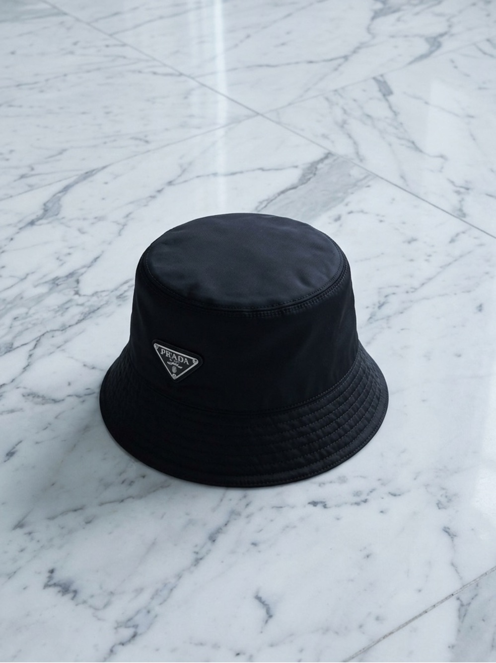 Prada Black Nylon Bucket Hat with Metal Triangle Emblem